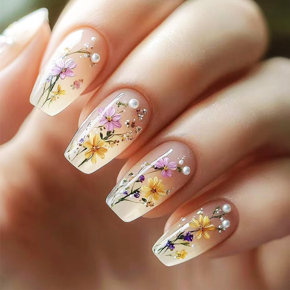 Pink,White Spring Pink Floral Press On Nails Medium Coffin Glossy Pearl Fake Nails 24Pcs With Glue
