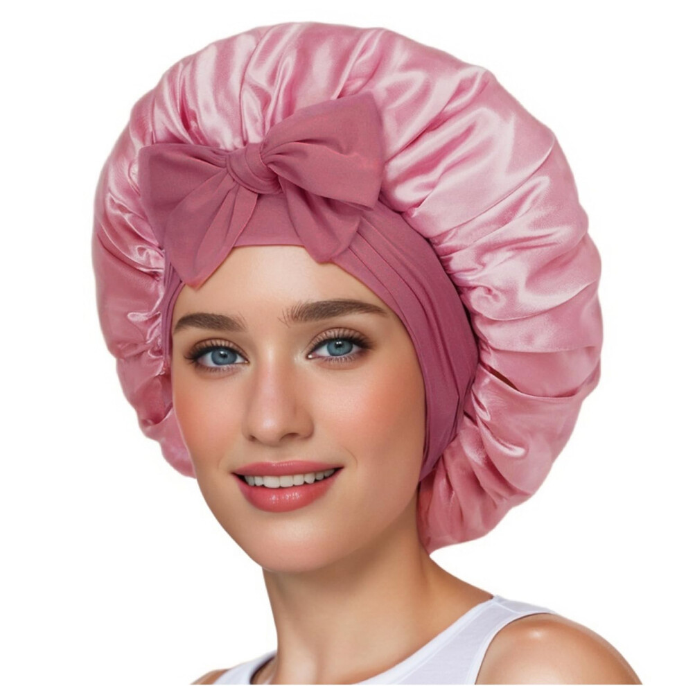 Pink Satin Hair Bonnet For Sleeping With Adjustable Tie Band, Silk Sleep Cap For Curly Hair,