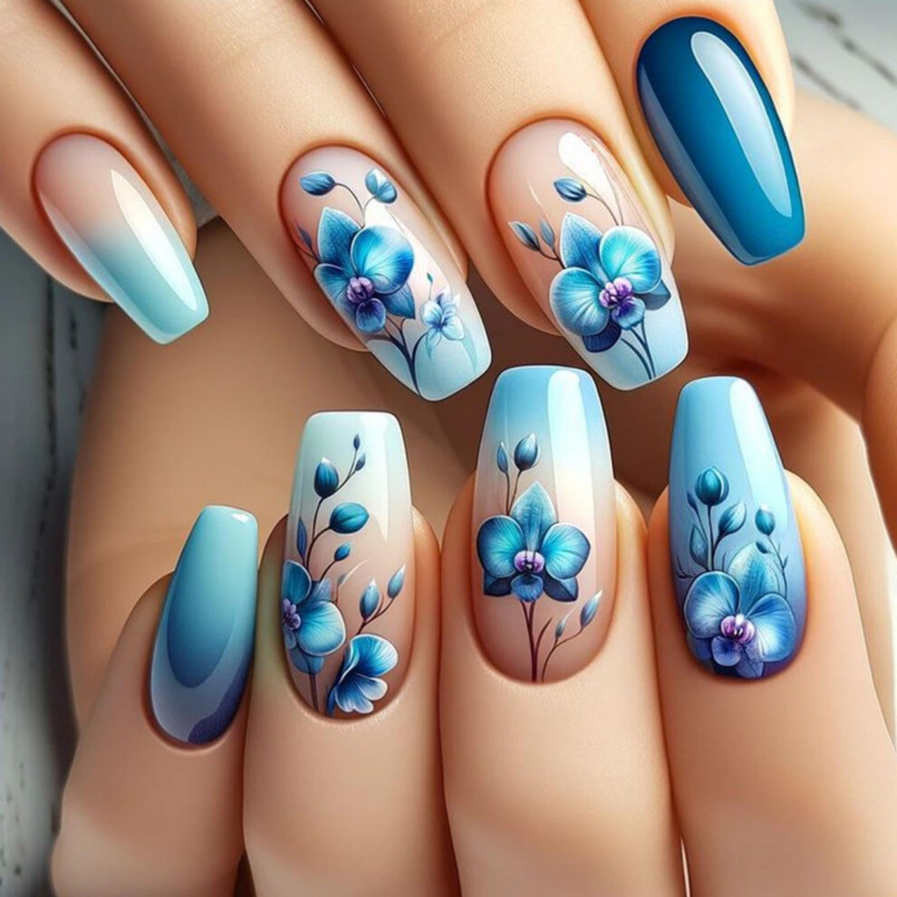Blue Ombre Press On Nails Reusable Square Fake Nails Glossy Gradient Full Cover 24Pcs