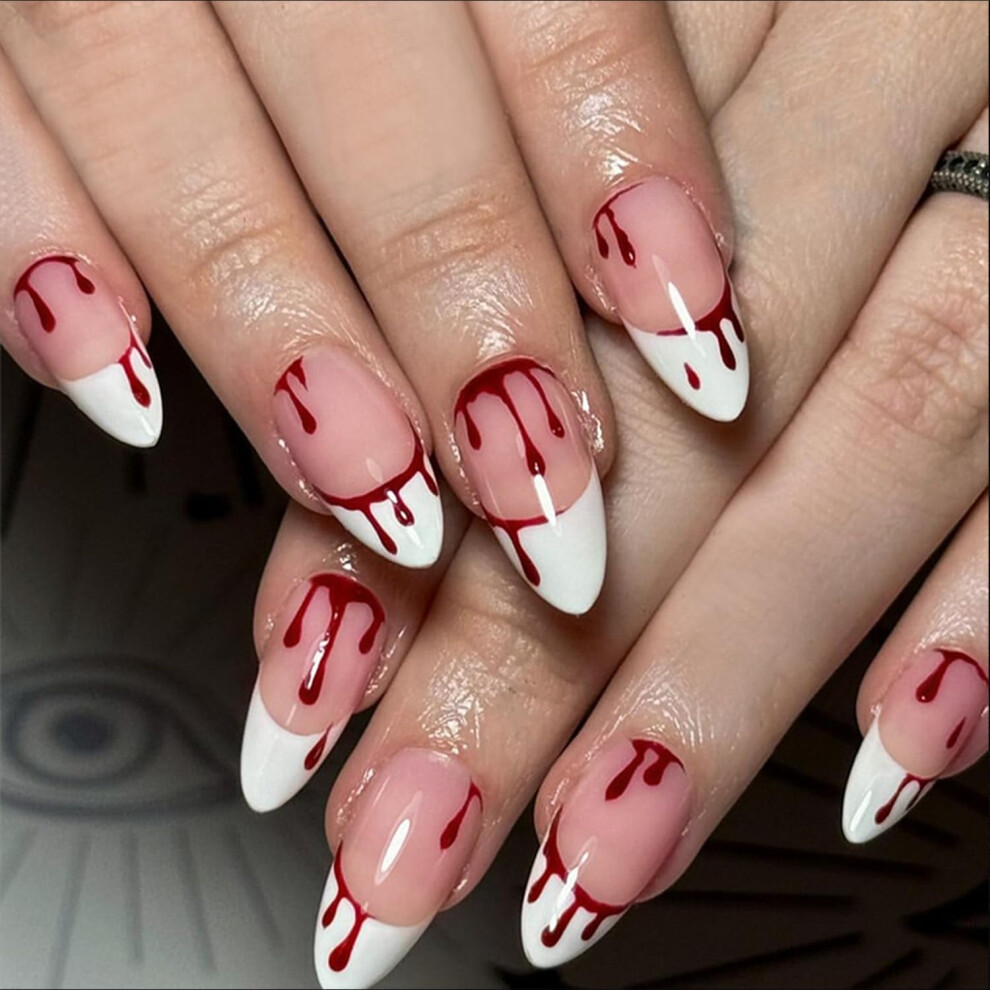 24PCS Halloween Press On Nails with Blood Design, Medium Almond French Tip Fake Nails for Women