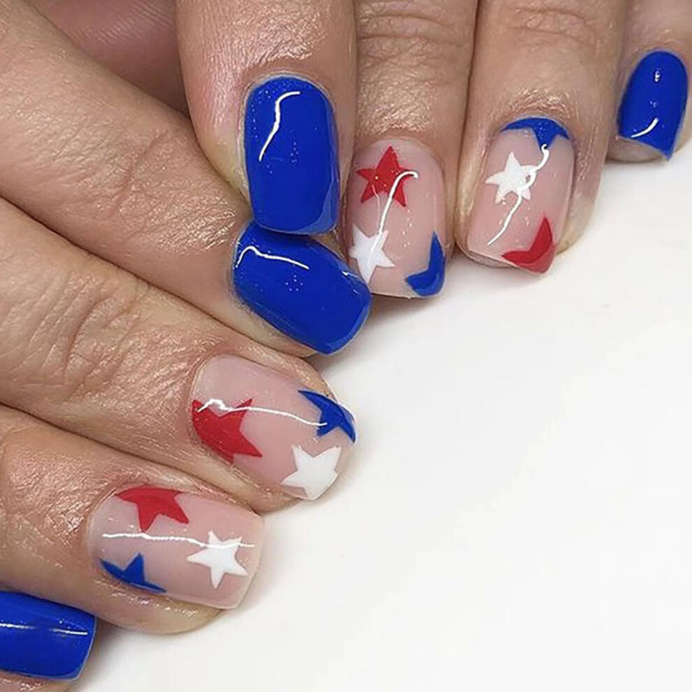 Blue 4Th Of July Press On Nails Short Square Acrylic Fake Nails Patriotic Star Design 24Pcs