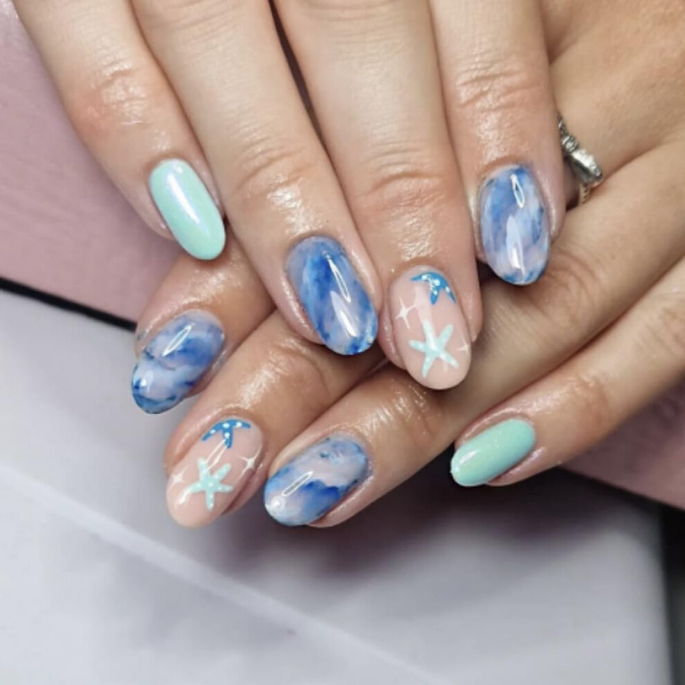 Blue Gradient Marble Press On Nails With Starfish Design, Short Almond Glossy Fake Nails Set