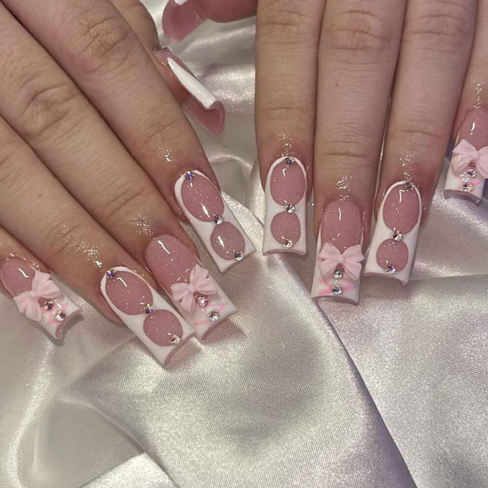 French Tip Press On Nails with Pink Bow, Medium Square Reusable Acrylic Fake Nails 24Pcs