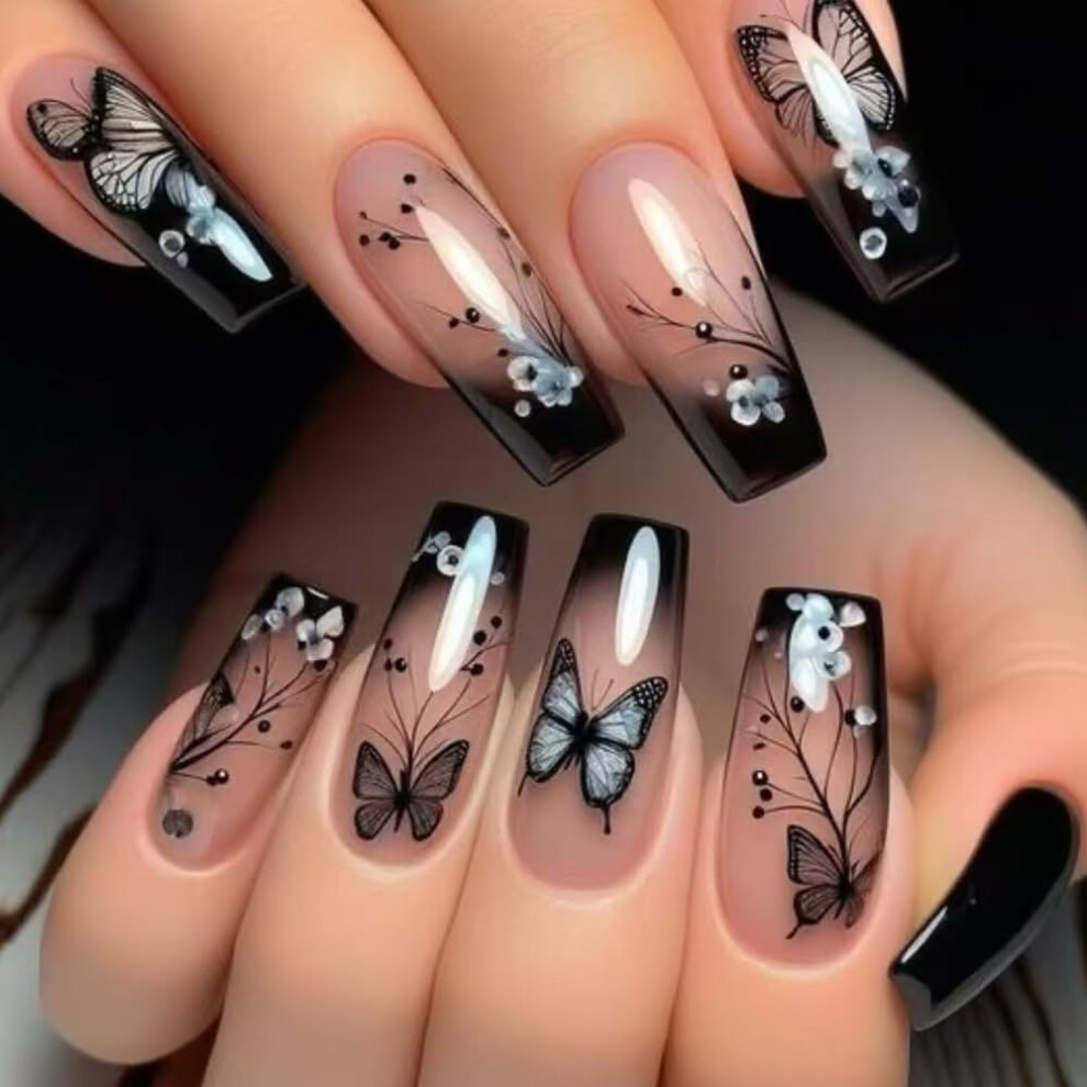 Black French Tip Press On Nails with Butterfly and 3D Rhinestone, Reusable Acrylic Set 24PCS