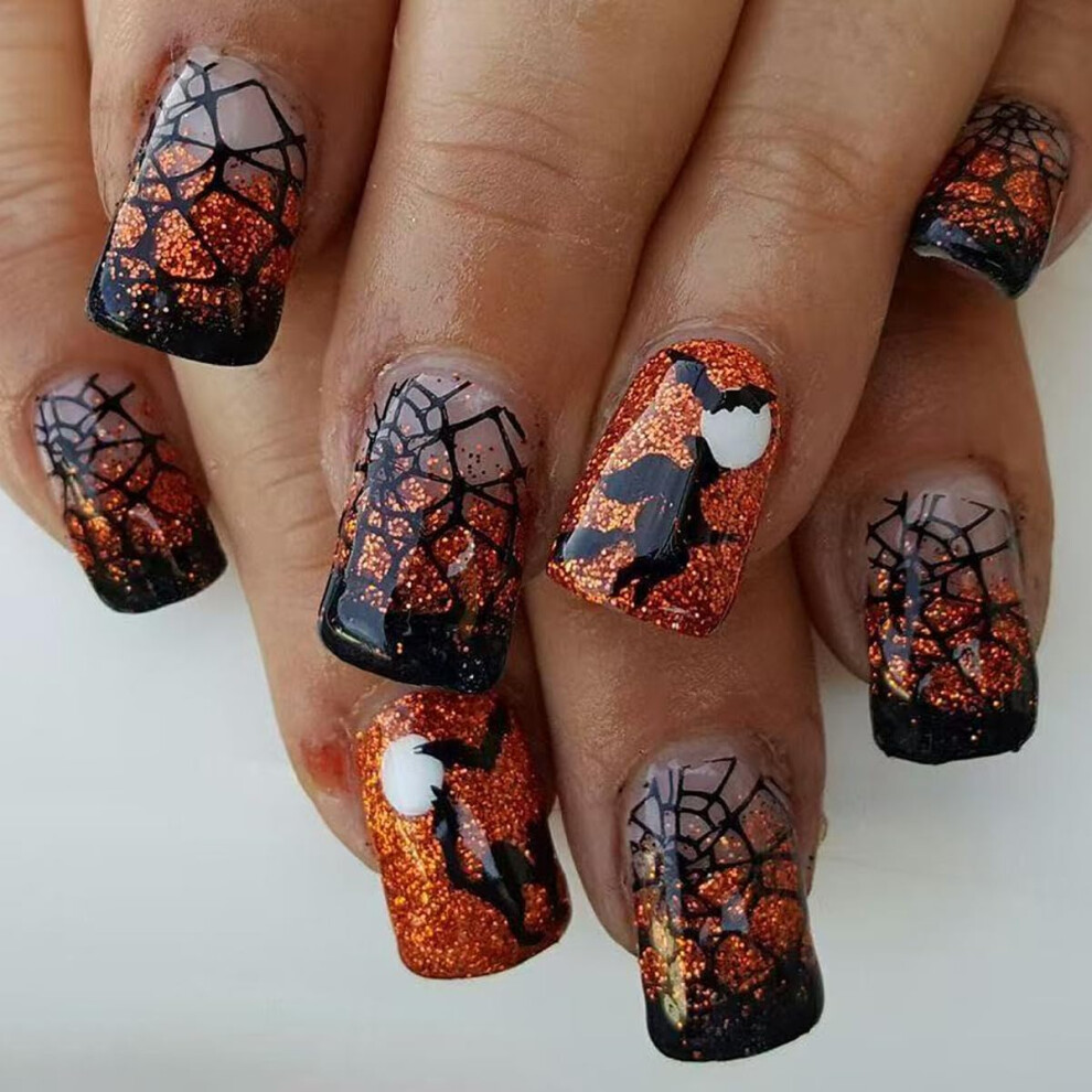 Orange Halloween Press On Nails Short Square Fake Nails With Bat Spider Web Glitter 24Pcs Reusable