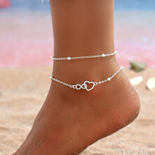1x Bright Silver Anklet For Women, Adjustable Heart Design Beach & Summer Ankle Bracelet, Double Layered Dainty Foot Jewelry Chain