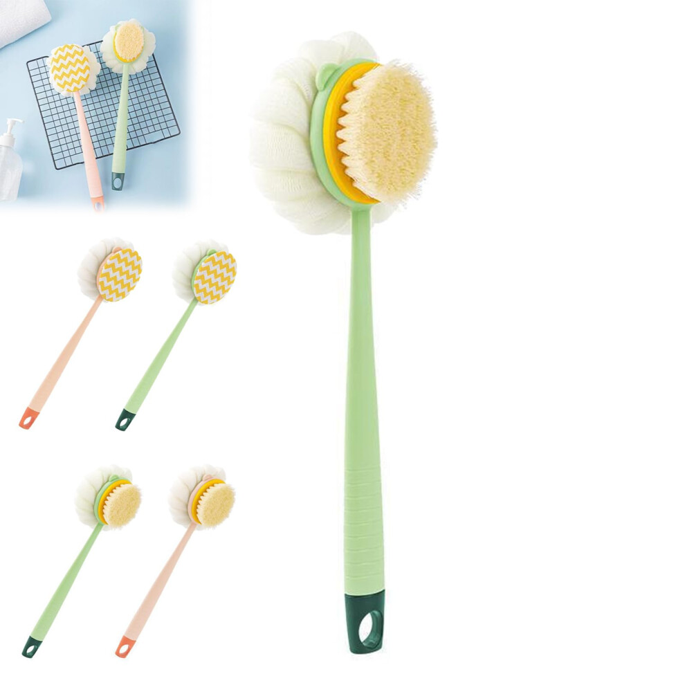 2in1 Bath Brush and Back Scrubber with Extra Long Handle, Soft and Firm Bristles, Green