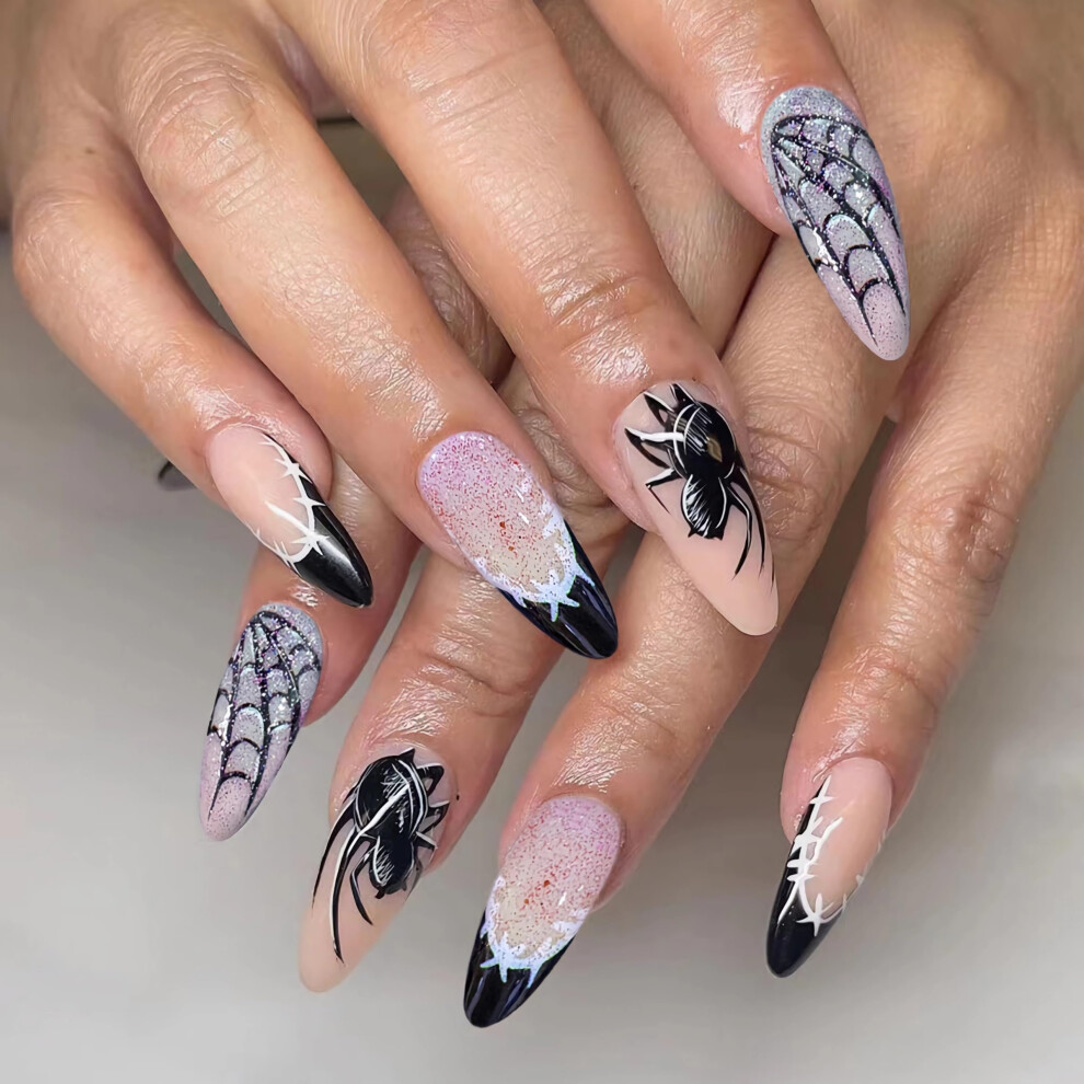 Black Medium Almond Press On Nails Gothic Spider Web Halloween Fake Nails Glossy Finish 24Pcs