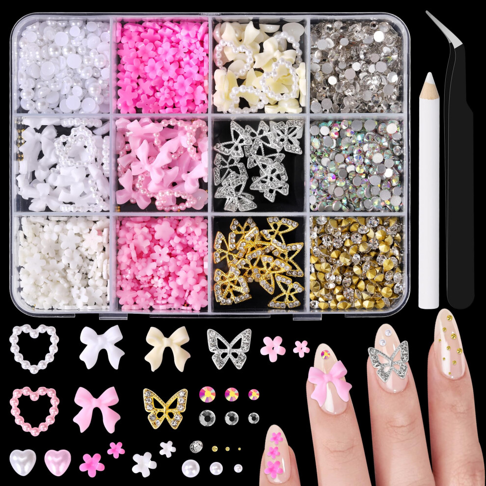 Nail Charms and Gems Set with 3D Flowers Rhinestones Pearls Butterfly Bows Hearts for Y2K Coquette Nails