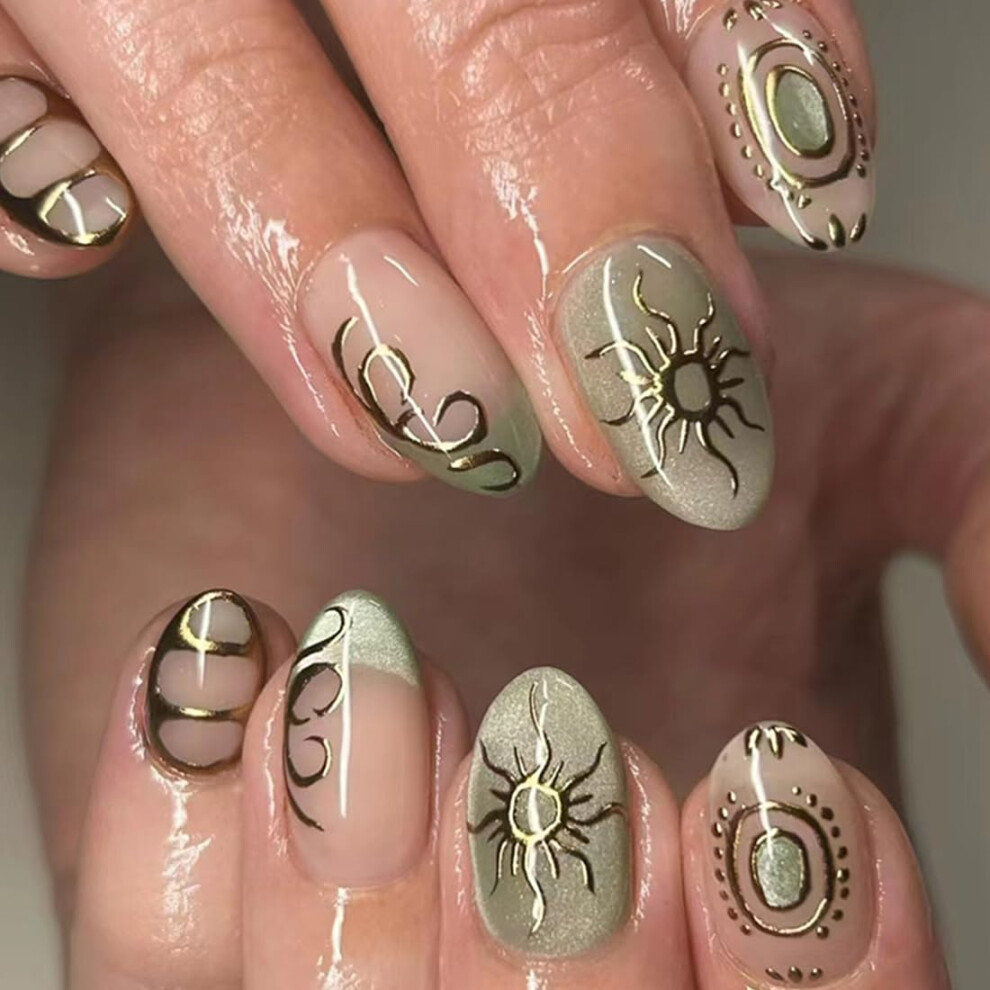 Gold Gothic Short Almond Press On Nails With Glue, Vintage Acrylic Fake Nails Set 24Pcs