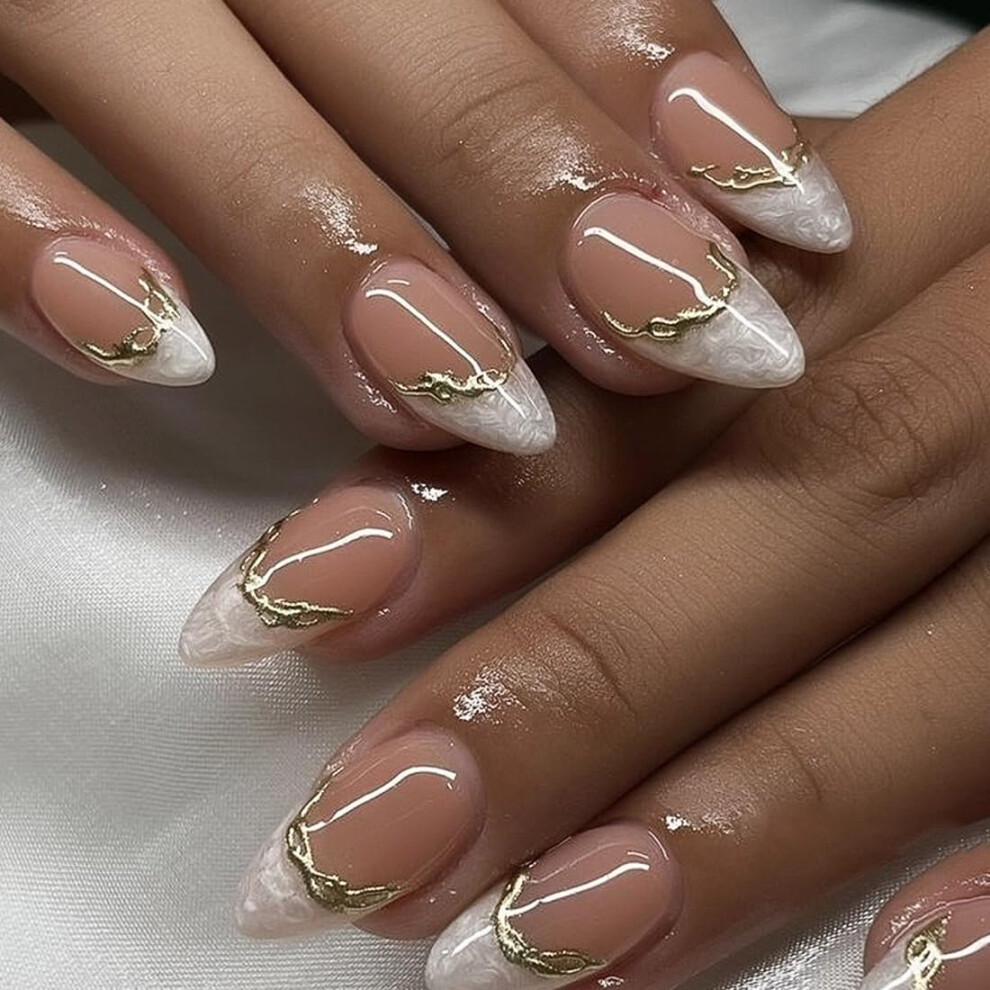 Cream,Gold Short Almond Press On Nails Nude French Tip Fake Nails With 3D Gold Accent And Glue, 24 Pcs