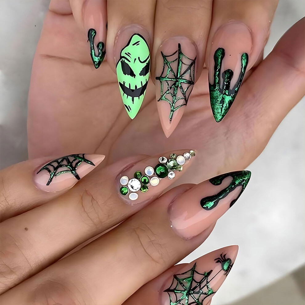 Green Halloween Press On Nails Ghost And Spider Web Design, Medium Almond Fake Nails With Rhinestones