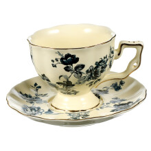 Vintage Ceramic Coffee Mug and Saucer with Handle, Large Opening Porcelain Cup for Home Office