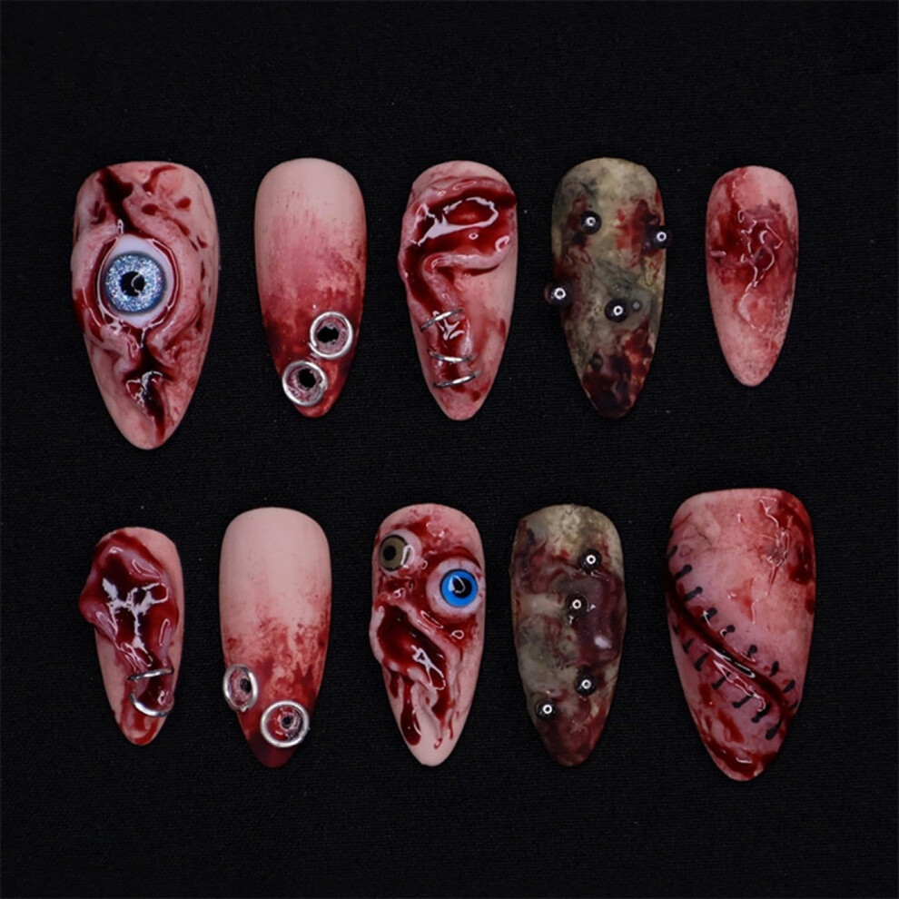 Red Halloween Press On Nails With Eyes Ball And Blood Design, Ombre Almond Fake Nails 30Pcs