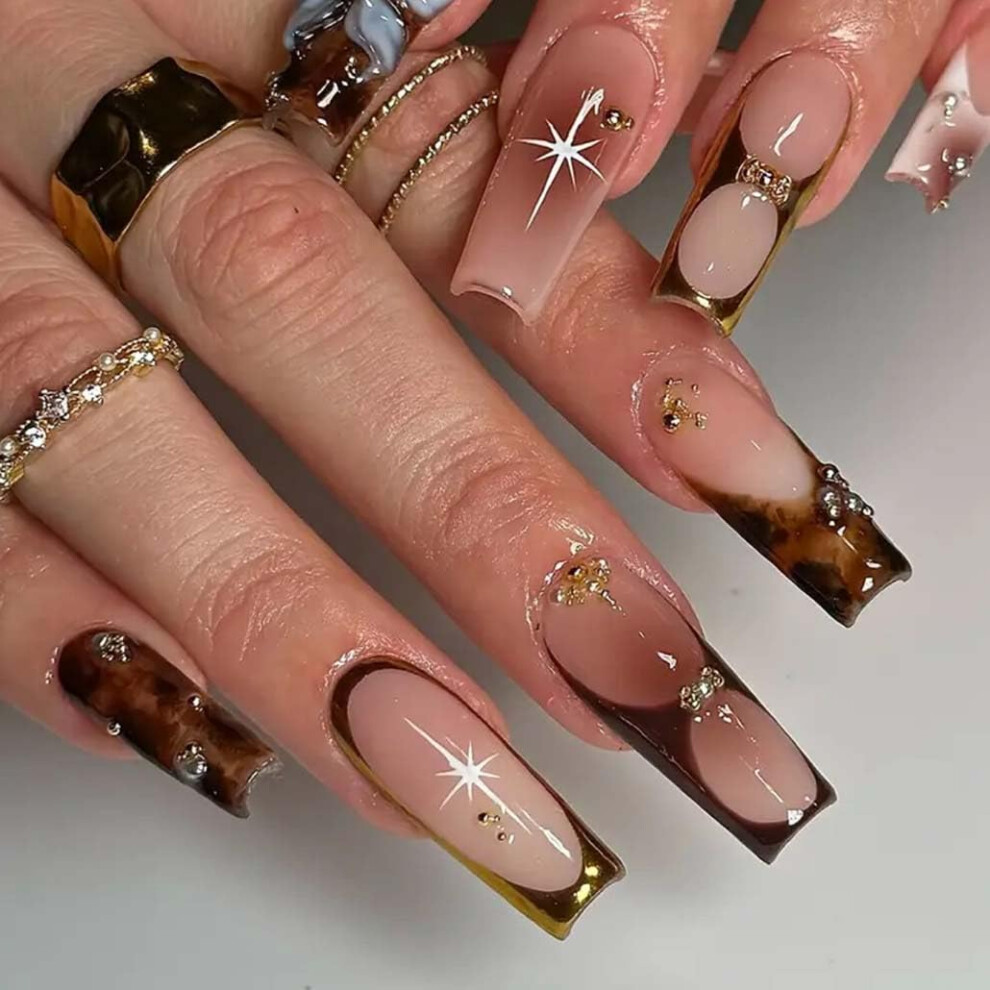 White Tortoiseshell Press On Nails Long Glossy Square Fake Nails With Pearl Design 24Pcs For Women