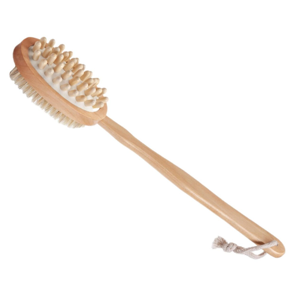 Beige Wooden Back Scrubber With Long Handle, Dualsided Bath Brush For Gentle Exfoliation And Massage