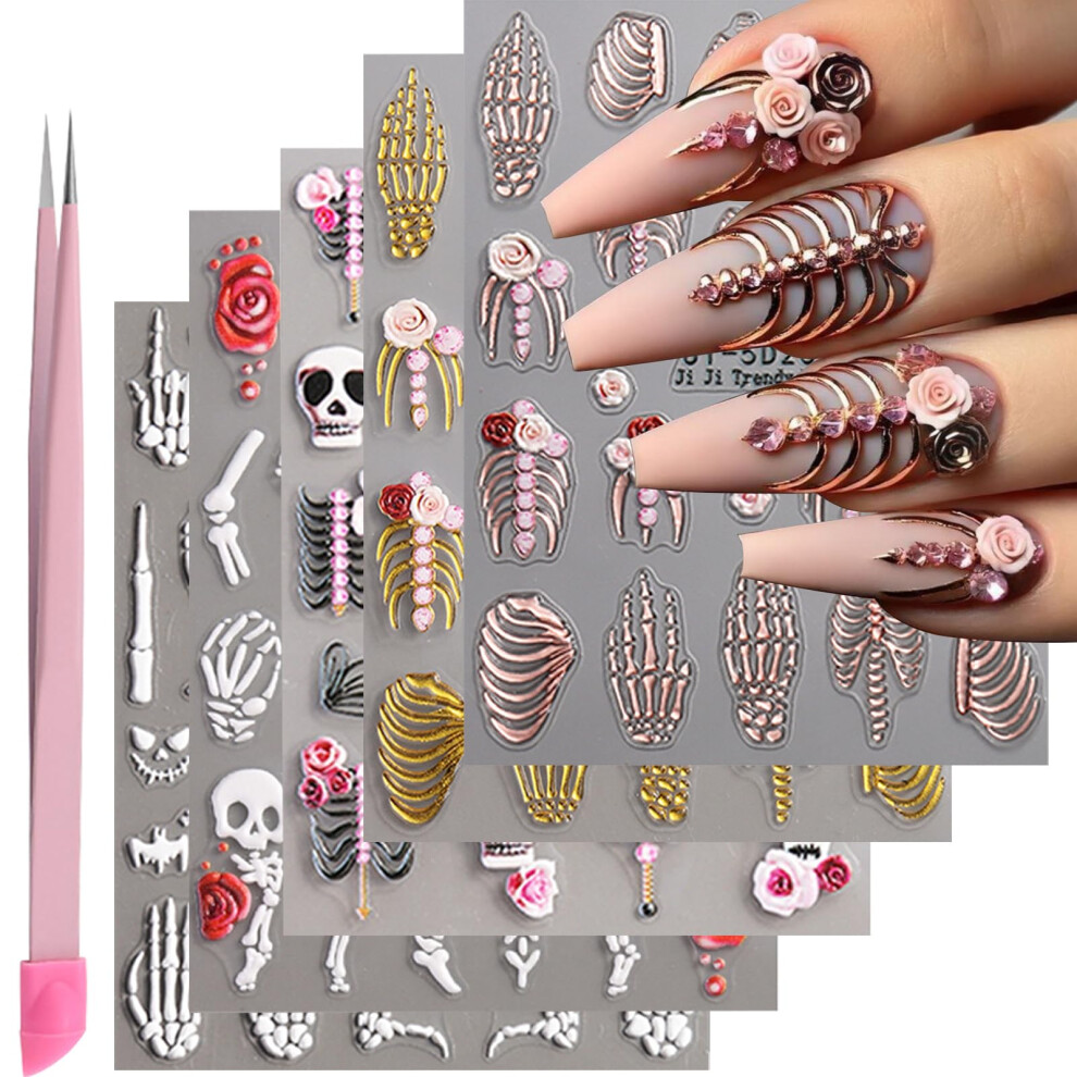 Halloween Nail Stickers 5 Sheets SelfAdhesive Skull and Gold White Bone Decals for Women