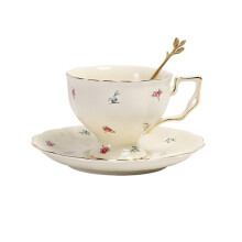 Tea Cup and Saucer Set with Spoon, Light Grey Ceramic Coffee Mug Gift for Elegant Afternoon Tea