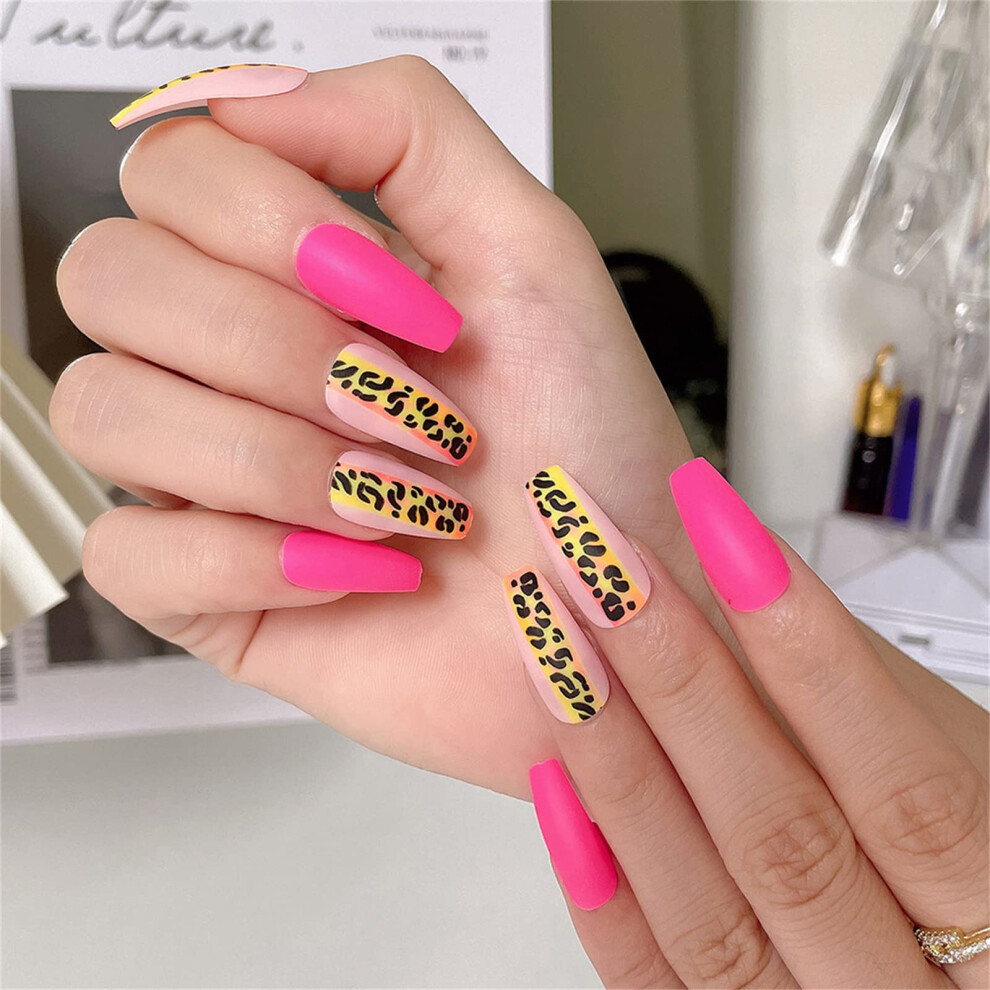 Pink Long Coffin Press On Nails 24Pcs Leopard Print French Tip Fake Nails For Instant Salon Manicure