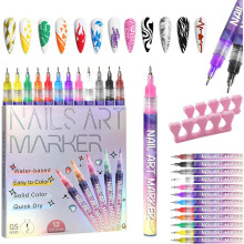 12 Colors Nail Art Pens Set with 0.5mm Precision Tip, FastDry Ink, Dual Tip for Gel Nails