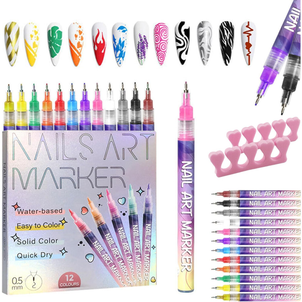 12 Colors Nail Art Pens Set with 0.5mm Precision Tip, FastDry Ink, Dual Tip for Gel Nails