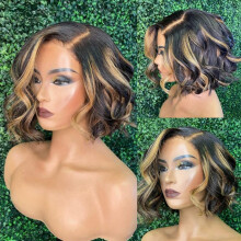 12 Inch Wavy Bob Human Hair Lace Front Wig Blonde Highlights Ombre Glueless Pre Plucked