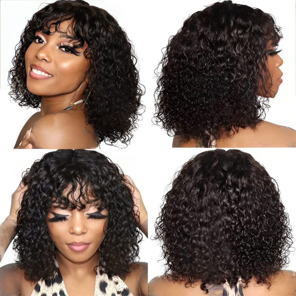 Unisex Human Hair Wig With Bangs, Short Curly Bob, 10 Inch Brazilian Virgin Hair, Natural Color #1B