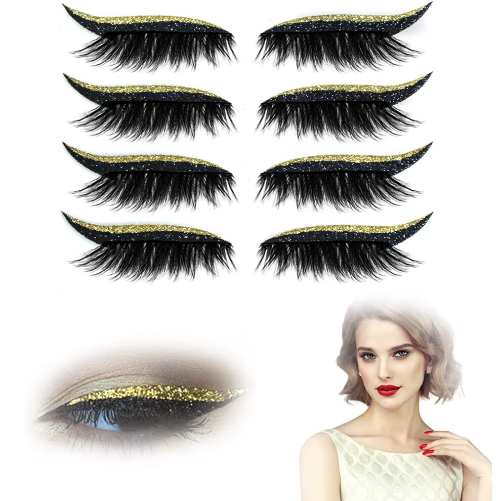 Gold 2 In 1 Fake Eyelashes And Eyeliner Stickers, Selfadhesive Waterproof Reusable 4 Pairs