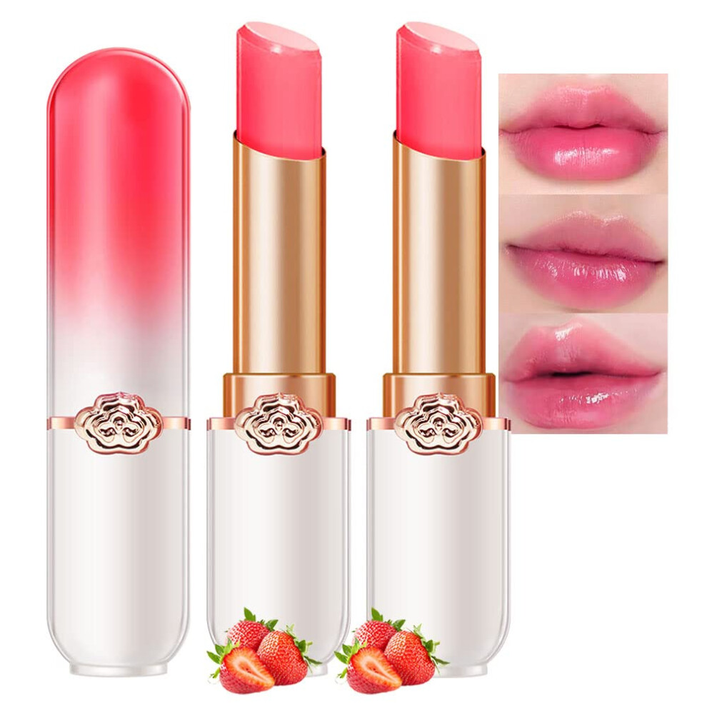 2 Pcs Strawberry Color Changing Lipstick Set, PH Mood Long Lasting Waterproof Moisturizing Lip Gloss for Women