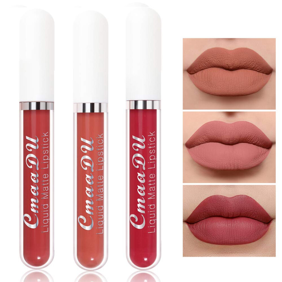 3 Colors Matte Liquid Lipstick Set, Velvet Matte Finish, Long Lasting Waterproof,  Pigment
