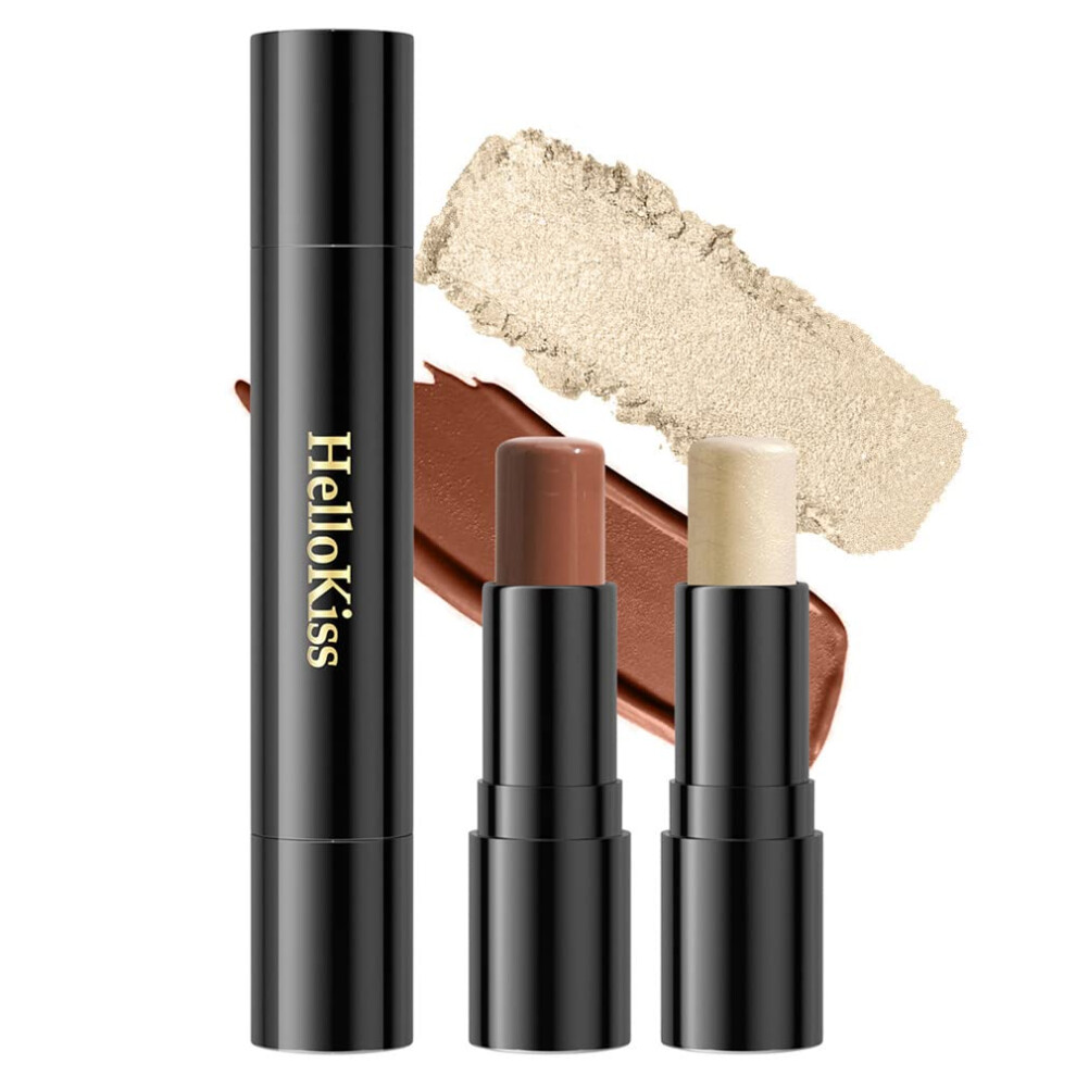 Cream Contour Stick with Highlighter and Bronzer, 2 in 1 Waterproof Glow, Shimmer Golden 03