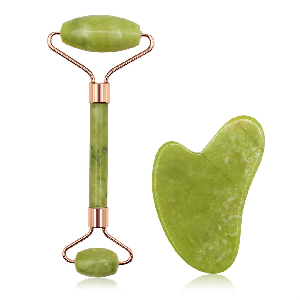 Green Jade Roller For Face And Neck With Gua Sha Set, Natural Stone, Reduce Puffiness And Wrinkles