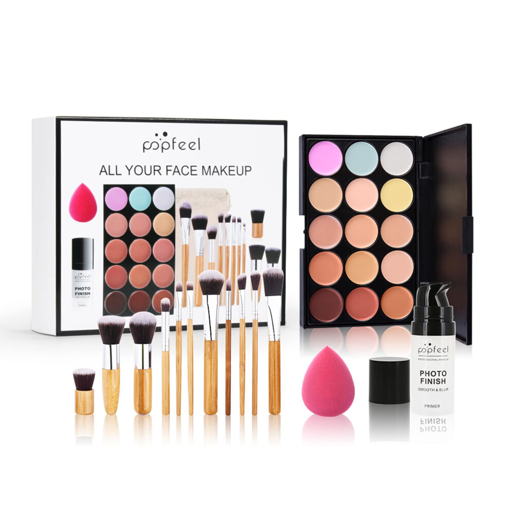 Cream Contour Concealer Palette 15 Colors Foundation Kit With Brushes And Primer, Full Coverage