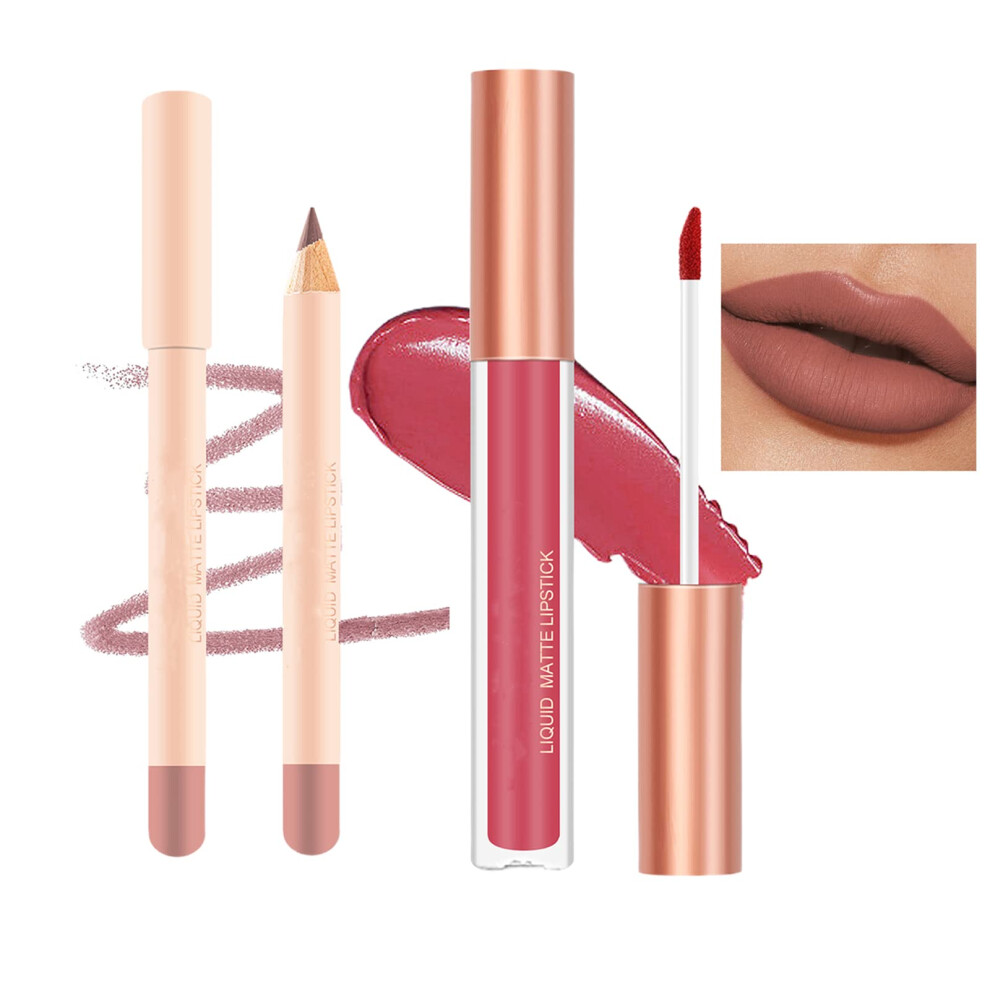 Lip Liner and Lipstick Set Rose Pink Matte Waterproof Long Lasting Smooth Glide Pack of 2