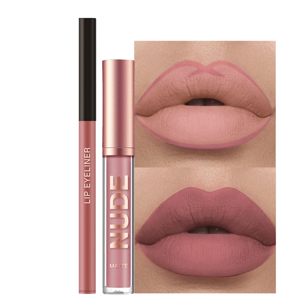 Matte Lipstick and Lip Liner Set Waterproof Long Lasting Velvet Nude Shade 2Pcs #01