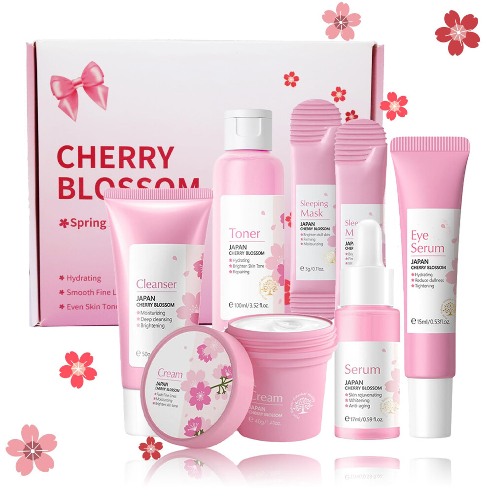 Cherry Blossom Skincare Gift Set, 7 Piece Facial Skincare Kit for Women, Deep Hydration for All Skin Types