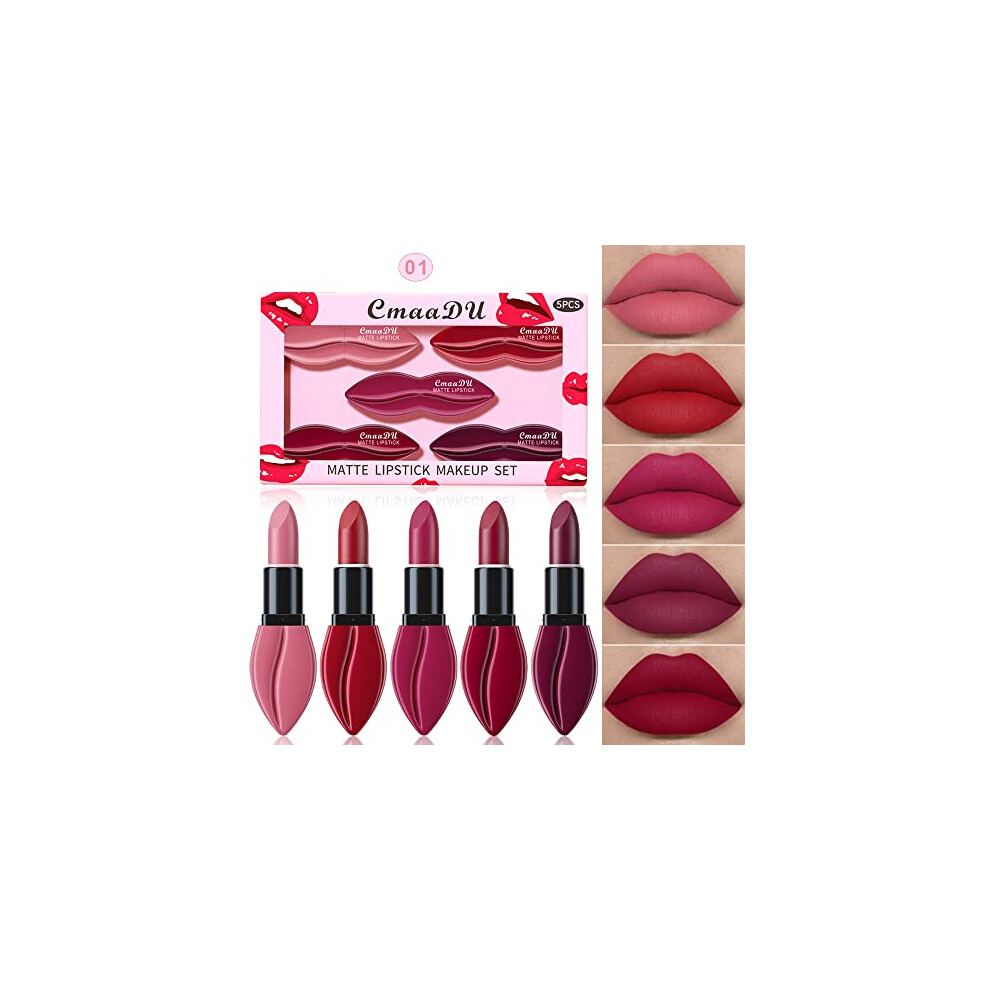 Dark/Purple/Red 5Pcs Matte Lipstick Set For Women, Long Lasting Smudge Proof Velvet Matte With Rich Colors