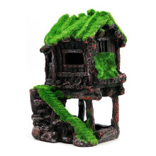 Aquarium-Dekorationshaus aus Harz, hohles Versteckhaus, Fischzubehör, Höhlenornament, Betta-Fischversteck mit Moos für Süß- und