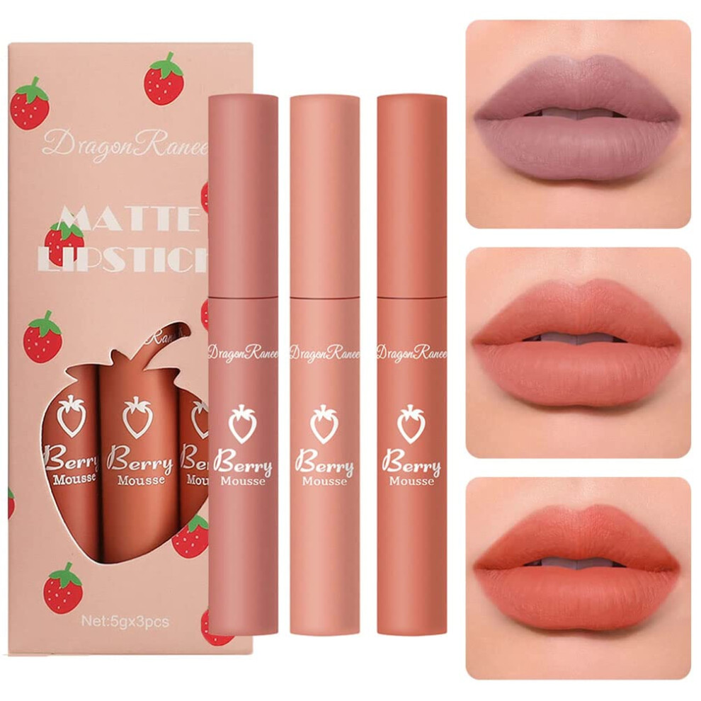 ZARICS 3PCS Nude Matte Lipstick Set, 24Hr Waterproof Long Lasting Velvet Smooth Crayon Finish