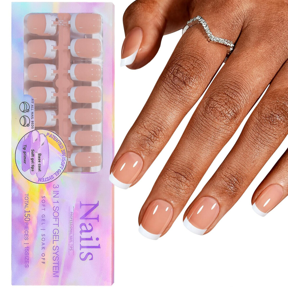 Cream French Tip Press On Nails Nude Brown Short Square Gel Nail Tips 150Pcs Readytowear No Filing
