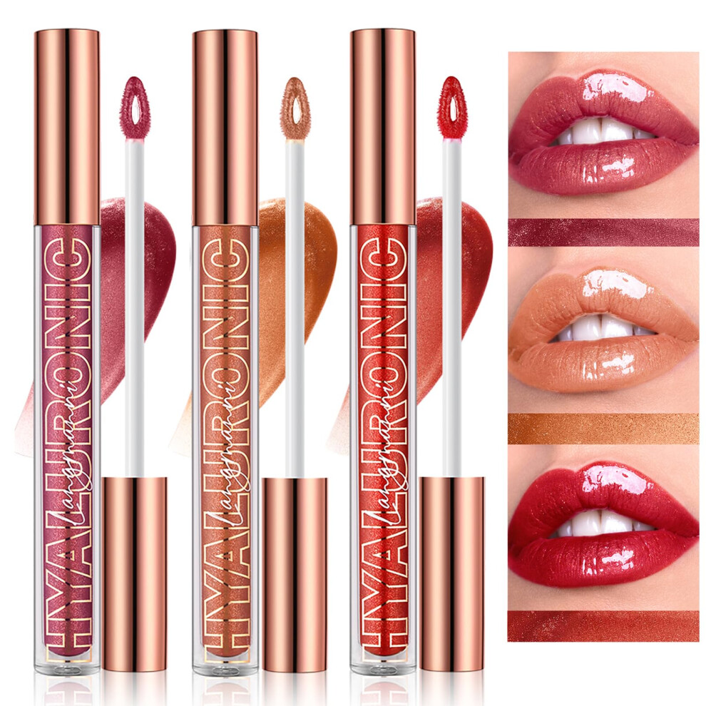 LANGMANNI Hyaluronic Acid Lip Gloss Set 3pcs Long Lasting Plumping Hydrating Shimmer 0.1oz