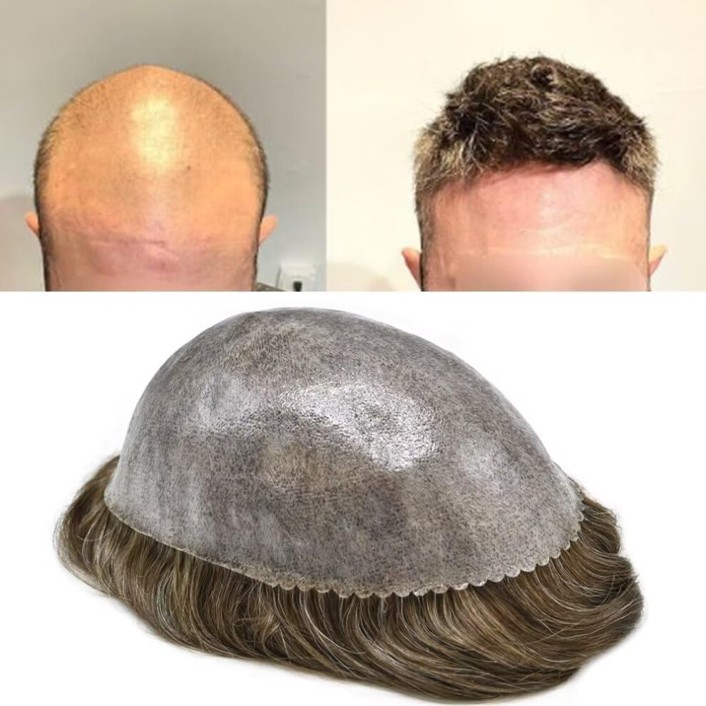 Unisex Brown,Grey Mens Toupee Full Poly Thin Skin Light Brown 30% Grey Human Hair Wig With Natural Hairline 7X9
