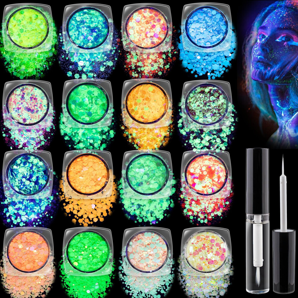 Dark Glow In The Glitter Set With Glue, 16 Uv Reactive Chunky Body Glitters For Face, Hair, Nails