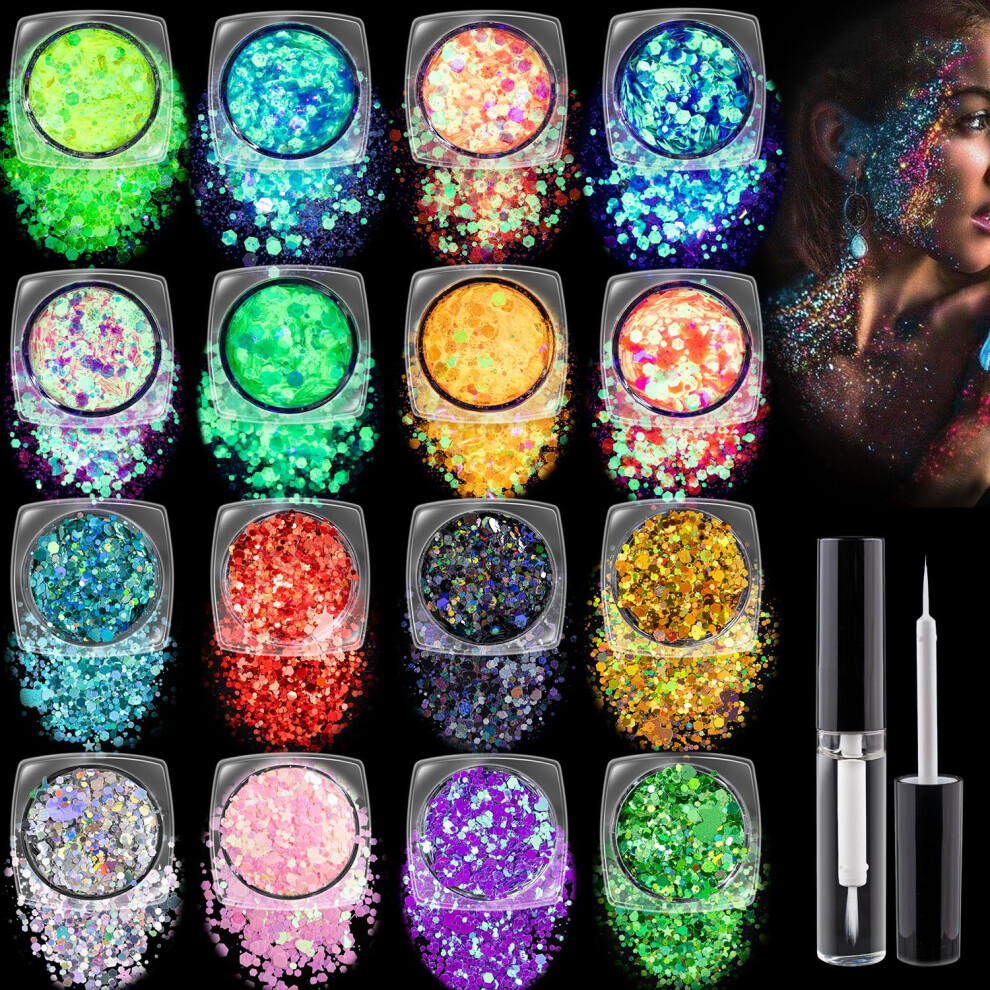 Dark Body Glitter Set With Glow In The And Holographic Chunky Glitter, Quick Dry Glue For Festival