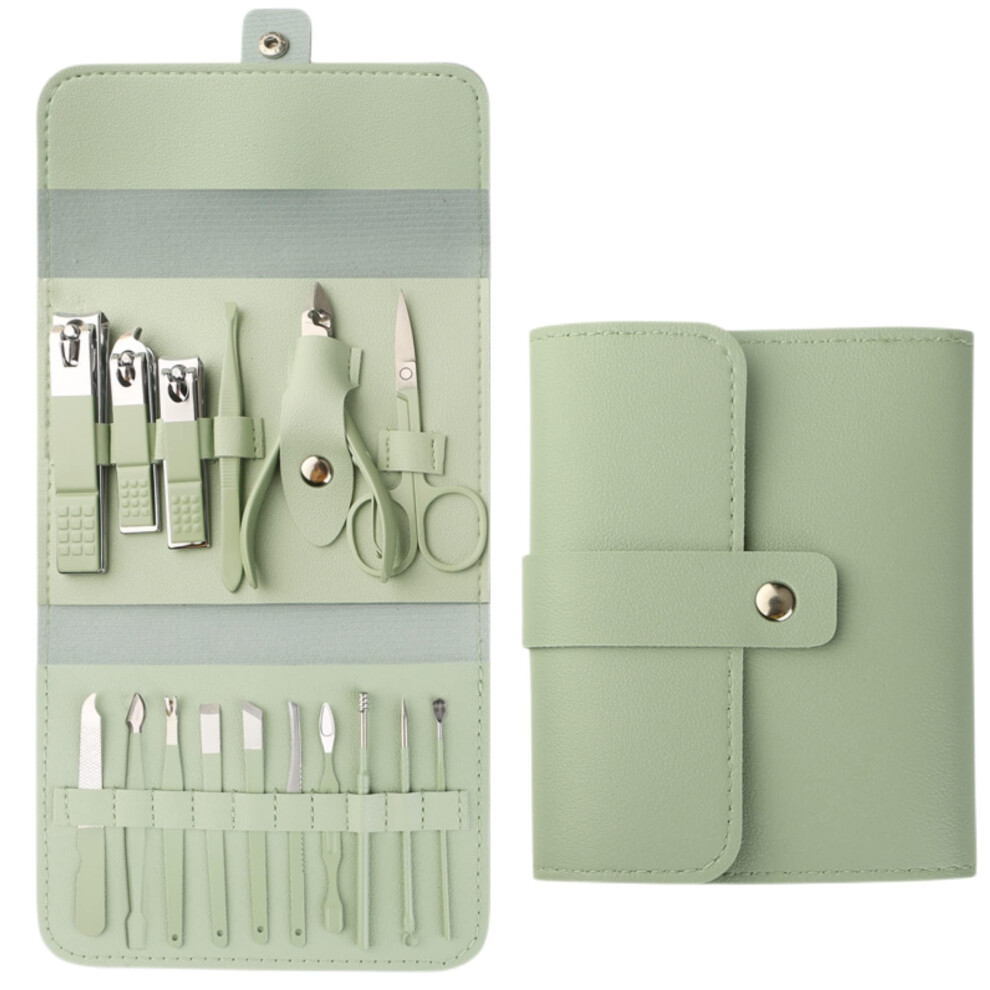 Green Manicure Set 16Pcs Stainless Steel Nail Care Kit With Leather Case Professional Clippers