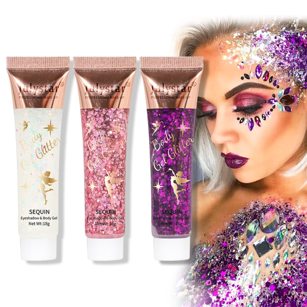 White/Pink/Purple Holographic Glitter Gel Set 3 Colors Body And Face Makeup Longlasting Shine For Festival