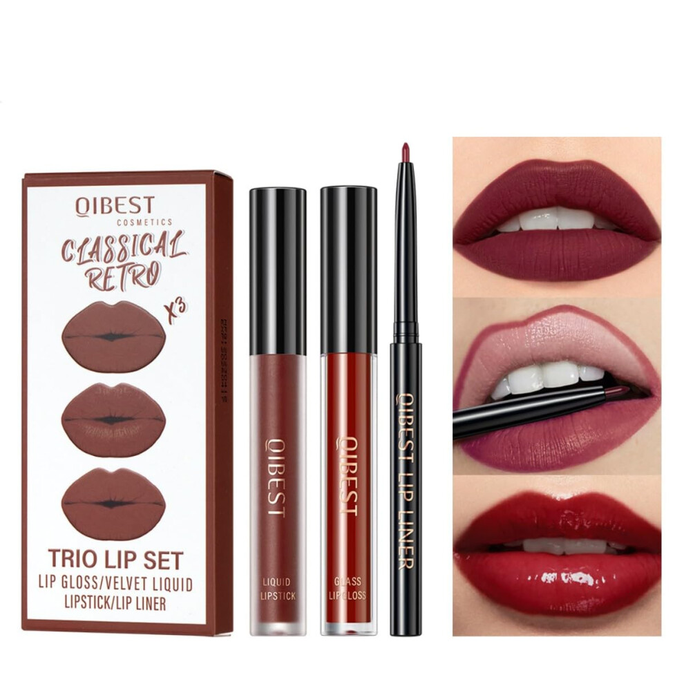 Red Matte Liquid Lipstick Set With Lip Liner And Gloss, Longlasting Smudgeproof Deep Kit