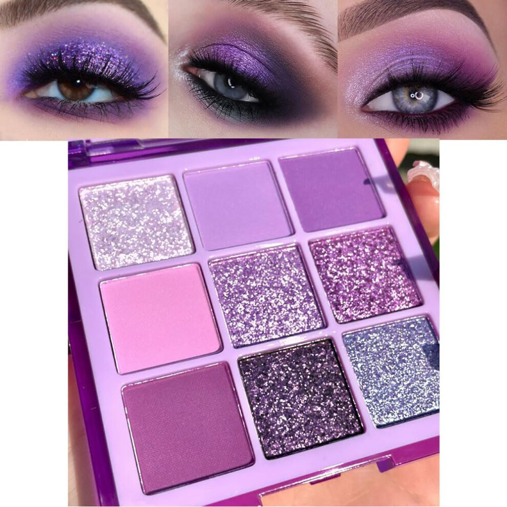 Purple Pink Glitter Eyeshadow Palette, 9 Colors  Pigmented Waterproof Matte and Shimmer