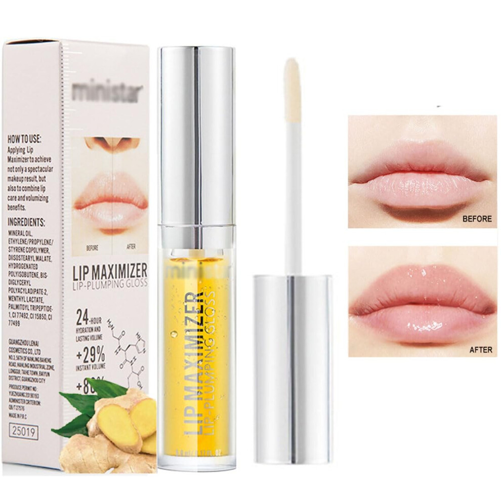 Natural Ginger Lip Plumper Gloss for Fuller Softer Lips with 24H Hydration and Smooth Fine Lines