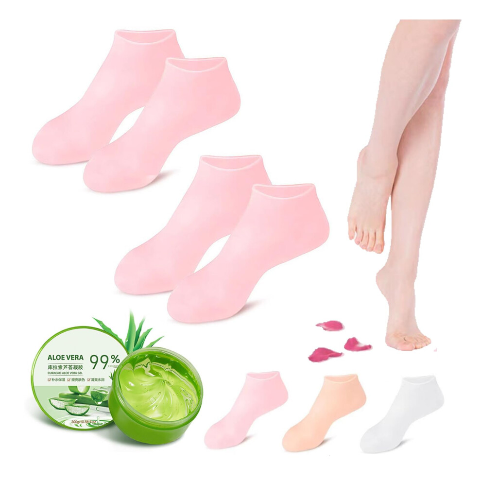 Pink Moisturizing Silicone Pedicure Socks With Aloe Vera For Dry Cracked Feet, Antislip Reusable Spa Socks (2 S)